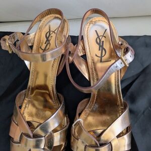 Yves Saint Laurent YSL Tribute Gold Mirror Heels Platform Sandals 9.5 US